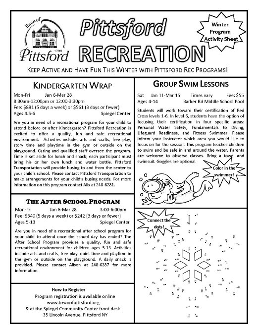 Winter Recreation Program Activities Sheet PDF
